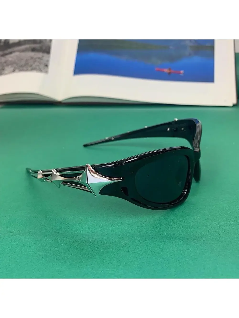 Y2k Cyber Style Futuristic Star Black Grunge Sunglasses. Silver star down side